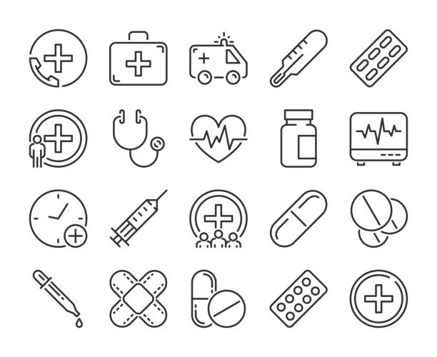 의료 아이콘입니다. 의학 및 건강 라인 아이콘 세트입니다. 벡터 그림입니다. - healthcare and medicine medical exam capsule pill stock illustrations