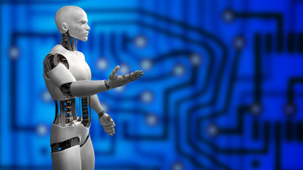 istock robot, humanoid cyborg presenting in front of an electrical circuit background (3d illustration) 1170033979