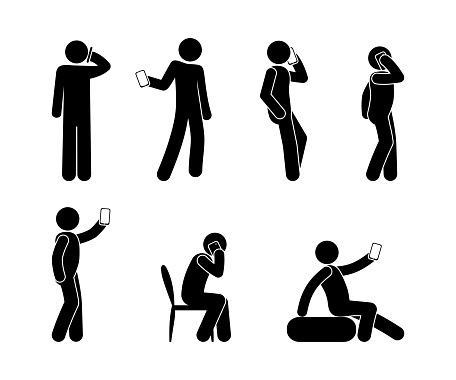 Man With Phone Icon Set Stick Figure People Take Selfie And Speak By ...