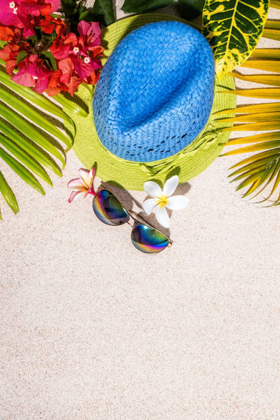 Blue and green straw hat with sunglasses and frangipani and buganvilia flowers with green palm tree leafs on sand, summer vacation concept, top view, vertical composition Blue and green straw hat with sunglasses and frangipani and buganvilia flowers with green palm tree leafs on sand, summer vacation concept, top view, vertical composition buganvilia stock pictures, royalty-free photos & images