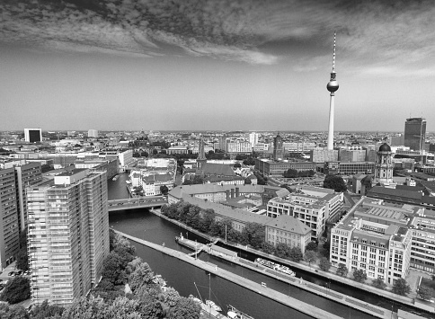 Aerial view of Berlin from helicopter with TV Tower and Spree river.