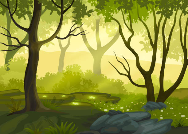 illustrazioni stock, clip art, cartoni animati e icone di tendenza di paesaggio forestale di fantasia estate. - glade branch vector landscape