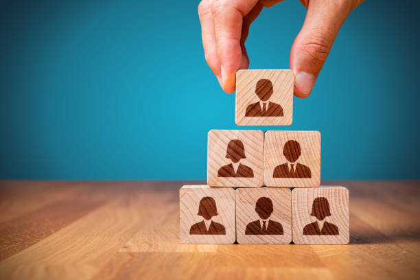 Human resources, corporate hierarchy concept and multilevel marketing Human resources, corporate hierarchy concept and multilevel marketing - recruiter complete team represented by wooden cube by one leader person (CEO) and icon. human capital photos stock pictures, royalty-free photos & images