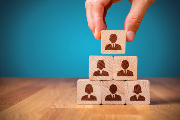 Human resources, corporate hierarchy concept and multilevel marketing Human resources, corporate hierarchy concept and multilevel marketing - recruiter complete team represented by wooden cube by one leader person (CEO) and icon. multi level marketing stock pictures, royalty-free photos & images