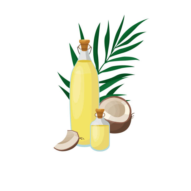 szklana butelka oleju kokosowego. produkt ekologiczny. naturalny składnik do gotowania. butelka oleju kokosowego i kokosa. wektor. - cold pressed stock illustrations