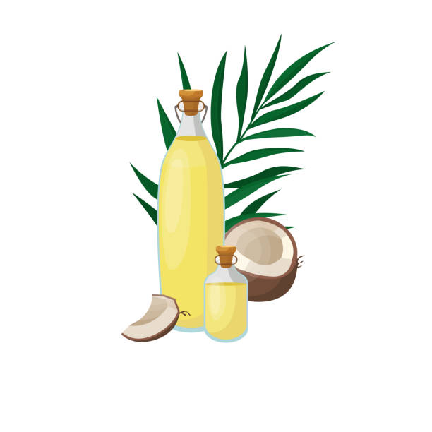 ilustrações, clipart, desenhos animados e ícones de frasco de vidro do óleo de coco. produto orgânico. ingrediente de cozimento natural. frasco do óleo de coco e do coco. vetor. - cold pressed