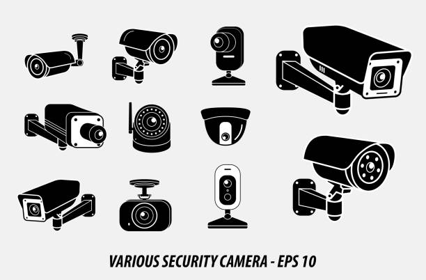 illustrations, cliparts, dessins animés et icônes de ensemble de caméra de sécurité diverse ou cctv pour la rue, la maison et le concept de bâtiment. - security equipment audio