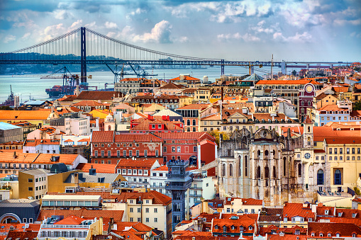 View towards Barrio Alto and 25th of April Bridge, Lisbon, Portugal