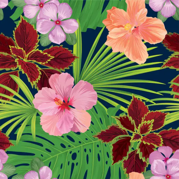 Vector illustration of Seamless tropical pattern of hibiscus flowers with vinca and palm leaf background.