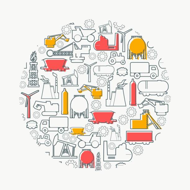 Brochure template design. Concept of industrial plant and manufacture building. Energy and power. Energy generation and heavy industry. Brochure, report or cover design template. Circle with industrial thin line icons. circular economy building stock illustrations