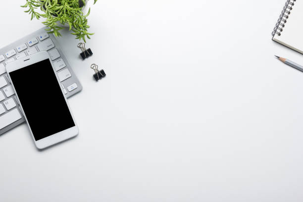 istock Office desk table with supplies. Flat lay Business workplace and objects. Top view. Copy space for text 1170068929