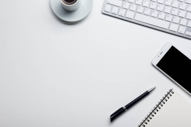 istock Office desk table with supplies. Flat lay Business workplace and objects. Top view. Copy space for text 1170069140