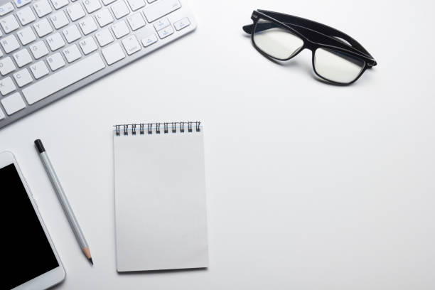 istock Office desk table with supplies. Flat lay Business workplace and objects. Top view. Copy space for text 1170069164