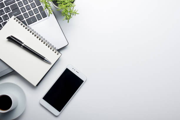 istock Office desk table with supplies. Flat lay Business workplace and objects. Top view. Copy space for text 1170069182