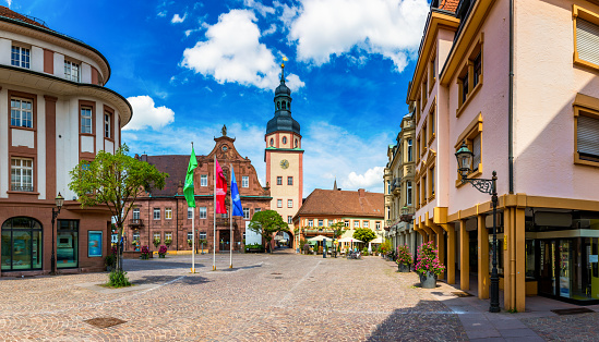 Market square with town hall and town hall tower, Ettlingen, Germany, Black Forest, Baden-Wuerttemberg, Germany, Europe. Downtown of Ettlingen town in Baden Wurttemberg, Germany.