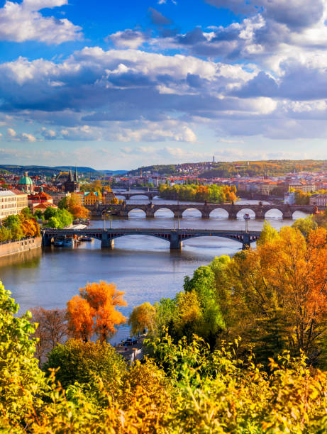 autumn view to charles bridge on vltava river in prague, czech republic. autumn view to charles bridge, prague old town and vltava river from popular view point in the letna park (letenske sady). - prague czech republic bridge charles bridge photos et images de collection