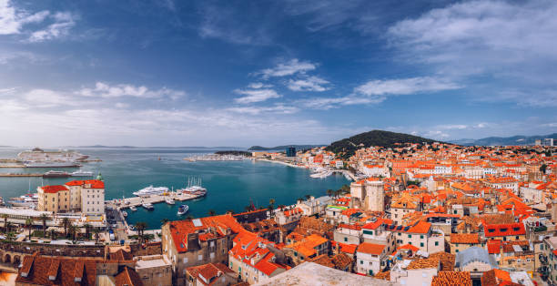 istock Split waterfront and Marjan hill aerial view, Dalmatia, Croatia. Panoramic summer cityscape of old medieval city Split, Croatia, Europe.  Traveling concept background. 1170070405