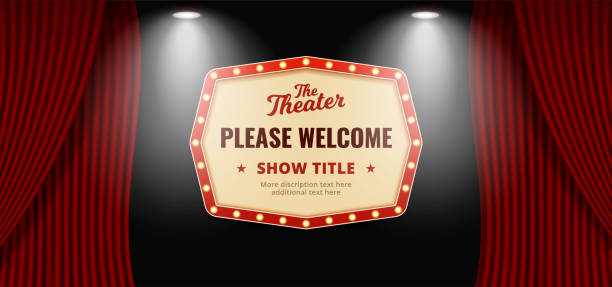 Please Welcome Retro Classic Sign Board Background Design Open Red Theater  Stage Curtain Backdrop With Wooden Floor Base And Double Bright Spotlight  Lamp Vector Illustration Poster Banner Template Stock Illustration -  Download