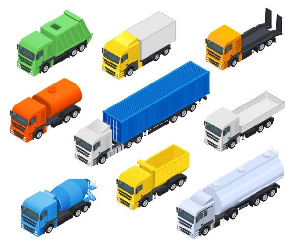 Carriers. Set of trucks,fuel and construction vehicles. Carriers. Set of trucks,fuel and construction vehicles.  Isometric view. Vector water truck stock illustrations