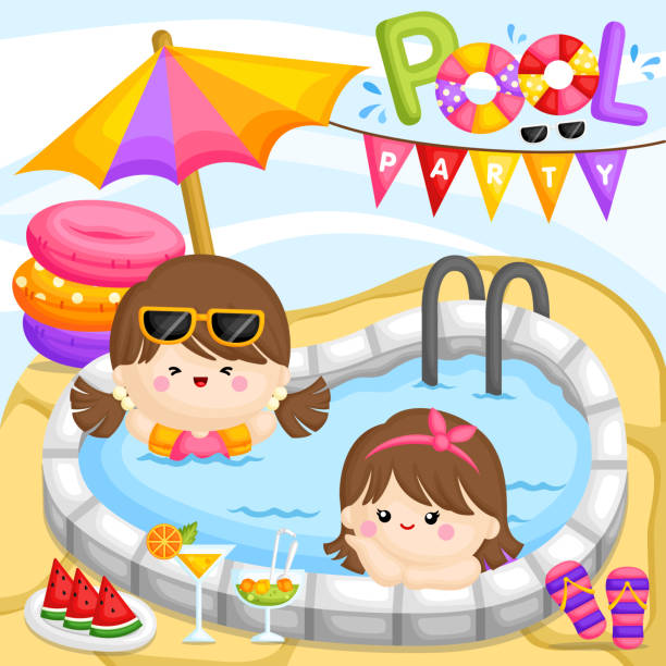 ilustrações, clipart, desenhos animados e ícones de um vetor de meninas bonitos que relaxam no flutuador bonito e têm o divertimento no partido da associação - ball floating on water coconut straw
