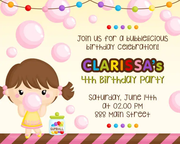 Vector illustration of A Birthday Invitation of Cute Girl Chewing Bubblegum with lots of Bubbles