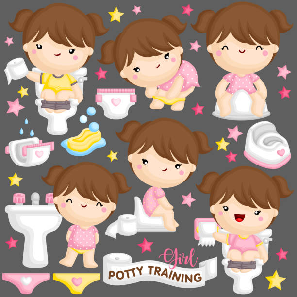 A Vector Set of Cute Girl Learning to Potty Train at the Toilet by Herself A Vector Set of Cute Girl Learning to Potty Train at the Toilet by Herself bedpan stock illustrations