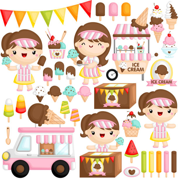 A Vector Set of Cute Girl Ice Cream Seller who is Happily Selling Various Ice Cream A Vector Set of Cute Girl Ice Cream Seller who is Happily Selling Various Ice Cream flag warning sign summer backgrounds stock illustrations