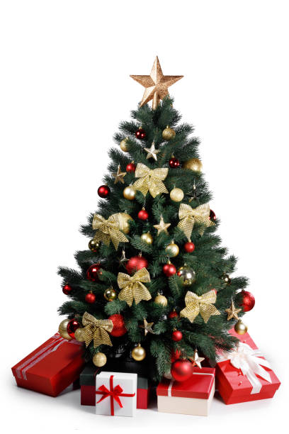 Decorated Christmas tree isolated on white Decorated gold Christmas tree with presents for new year isolated on white background christmas christmas decoration christmas tree tree stock pictures, royalty-free photos & images