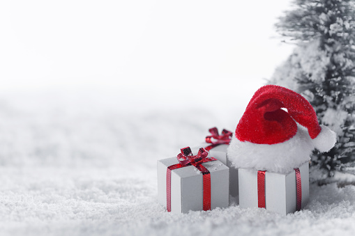 Decorated christmas gifts and santa hat under fir tree on snow , background with copy space