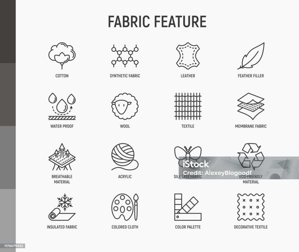 Gewebe dünne Linie Symbole Funktionsumfang: Leder, Textil, Baumwolle, Wolle, wasserdicht, Acryl, Seide, umweltfreundliches Material, atmungsaktivem Material. Moderne Vektor-Illustration. - Lizenzfrei Icon Vektorgrafik Gewebe dünne Linie Symbole Funktionsumfang: Leder, Textil, Baumwolle, Wolle, wasserdicht, Acryl, Seide, umweltfreundliches Material, atmungsaktivem Material. Moderne Vektor-Illustration. - Lizenzfrei Icon Vektorgrafik