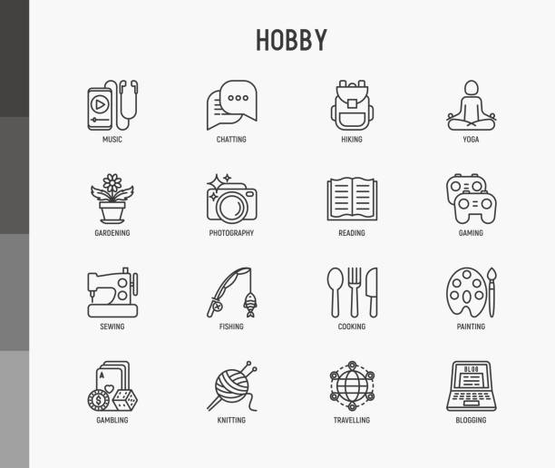 Hobby thin line icons set: reading, gaming, gardening, photography, cooking, sewing, fishing, hiking, yoga, music, travelling, blogging, knitting. Modern vector illustration. vector art illustration