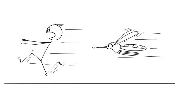 Vector illustration of Vector Cartoon of Man Running Away in Fear from Big Mosquito or Insect