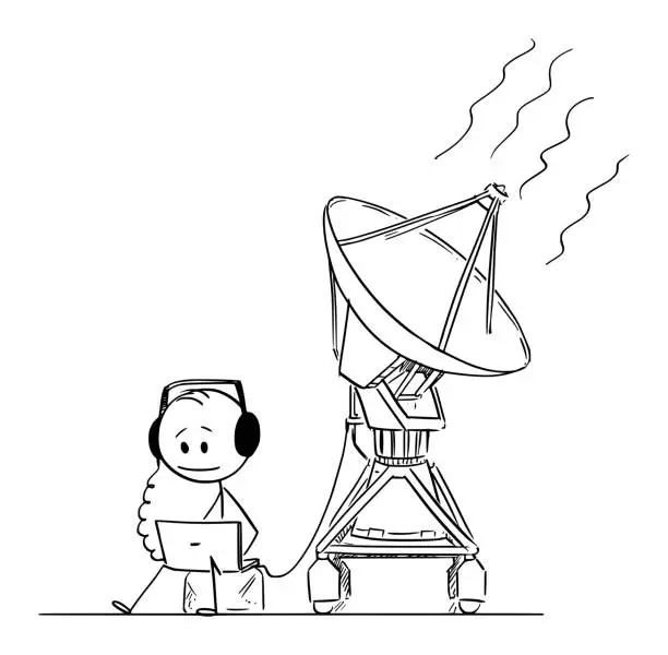 Vector illustration of Vector Cartoon of Man or Scientist Hearing the Space Alien Signal From NASA SETI Antenna