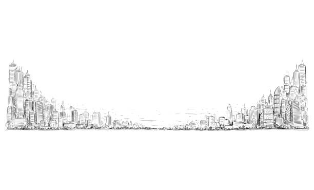 istock Vector Artistic Drawing Illustration of Generic City High Rise Cityscape Landscape with Skyscraper Building, Business and Government Buildings. 1170080237