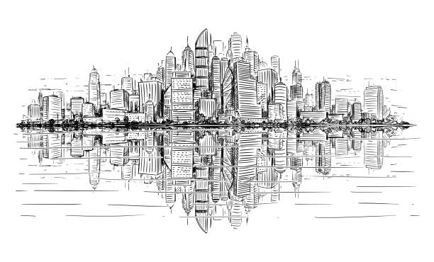 istock Vector Artistic Drawing Illustration of Generic City High Rise Cityscape with Skyscraper Buildings, Reflecting in Water in Front 1170080259