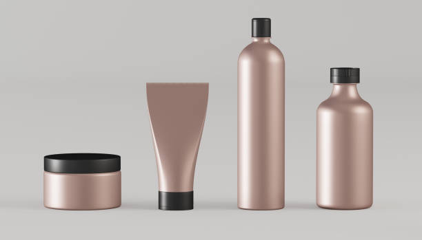 Mockup of jars and tubes for cosmetics - 3D illustration Model of jars and tubes for cosmetics in pink gold with black caps on a light background - 3D illustration animal body photos stock pictures, royalty-free photos & images