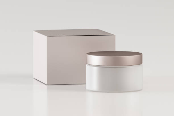 istock Glass cosmetic container with lid and box - 3D illustration 1170081451