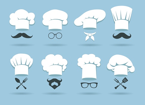 Cook chef hat logo. Flat culinary logos graphics with chefs hats and cooking accessories, vector illustration