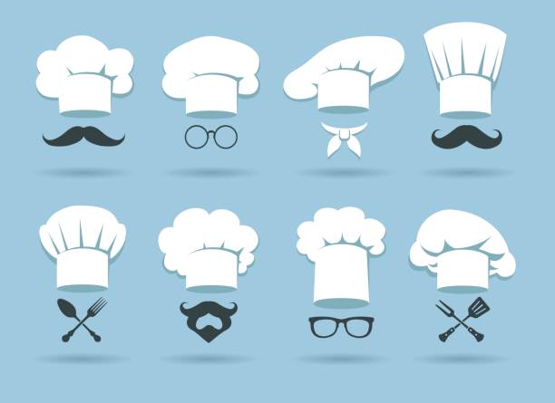 Cook chef hat logo Cook chef hat logo. Flat culinary logos graphics with chefs hats and cooking accessories, vector illustration cap hat illustrations stock illustrations