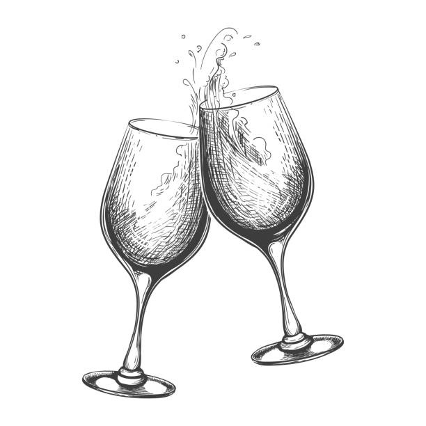 illustrazioni stock, clip art, cartoni animati e icone di tendenza di toast al vino disegnato a mano - champagne celebration glass black