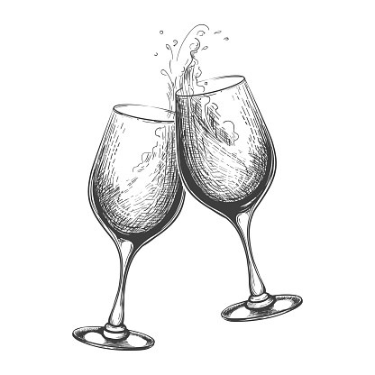 Hand drawn wine toast. Vector toasting sketch image, hand drawn wines drinking glasses with splash