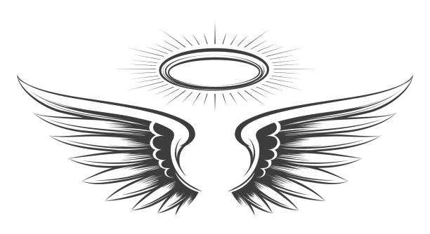 Saint wings sketch Saint wings sketch. Holy devil or angel wings drawing, angeles feather hand drawn vector sketch with halo angelic tattoo illustration religious saint stock illustrations
