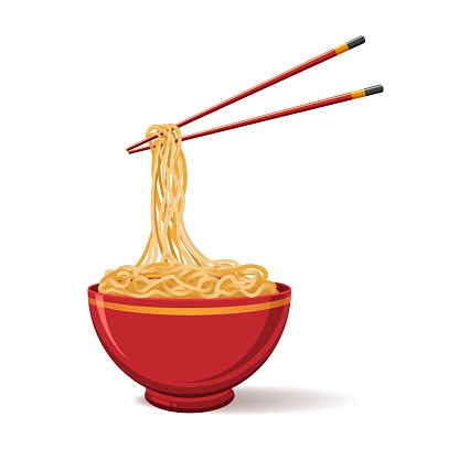 Oriental noodle food. Asian noodles isolated on white background, ramen tradition chinese restaurant image with pasta and chopsticks, vector illustration