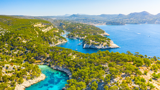 Panoramic view of Calanques National Park near Cassis fishing village, Provence, South France, Europe