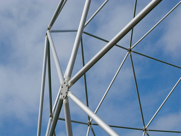 Geodesic Shaped Structure, Geometric Shape, Steel, Abstract, Looking Up Metal geodesic shape against sky. geodesic dome stock pictures, royalty-free photos & images