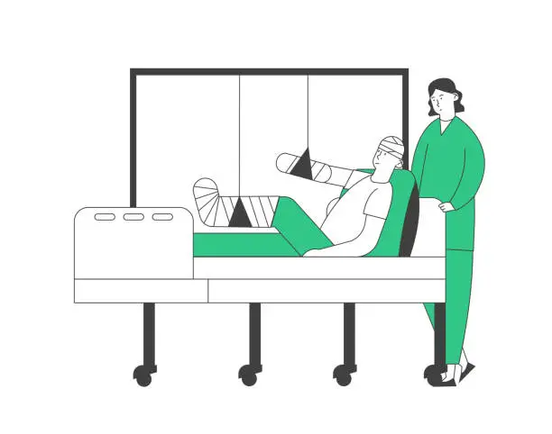 Vector illustration of Doctor or Nurse Stand in Chamber with Patient Lying on Bed with Bounded Head, Broken Arm and Leg, Staff Medical Detour in Traumatology Department in Hospital. Cartoon Flat Vector Illustration Line Art