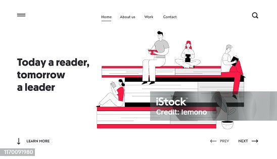 istock Characters in Literature Storage Website Landing Page. Women and Men Reading in Library Sitting on Huge Pile of Books. Students Prepare for Examination Web Page Banner Cartoon Flat Vector Illustration 1170091980