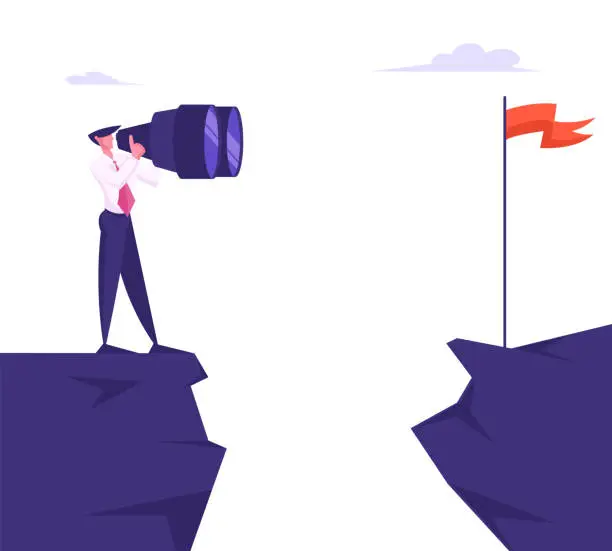 Vector illustration of Businessman Stand on Mountain Top Watching through Huge Binoculars on Red Flag on other Side of Cliff. Business Goal Vision, Character Visionary Forecast Prediction. Cartoon Flat Vector Illustration