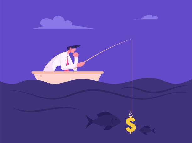 Business Man Fishing with Dollar Sign like Bait. Success Finance Growth Strategy. Manager or Office Employee Earning Money Concept Catching Fish in Opportunities Ocean Cartoon Flat Vector Illustration Business Man Fishing with Dollar Sign like Bait. Success Finance Growth Strategy. Manager or Office Employee Earning Money Concept Catching Fish in Opportunities Ocean Cartoon Flat Vector Illustration catching illustrations stock illustrations