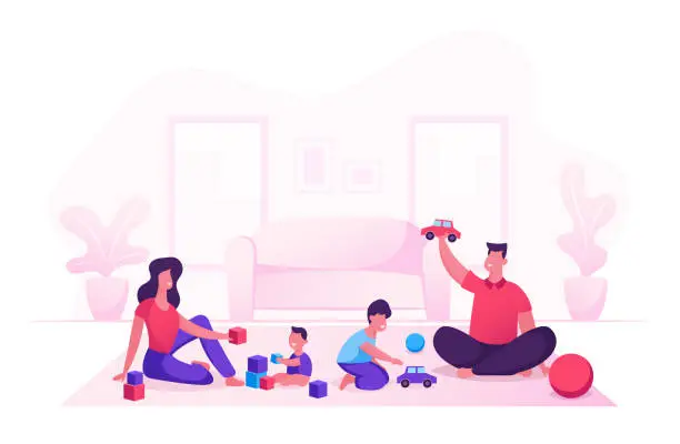 Vector illustration of Happy Family with Kids Leisure Time in Evening or Weekend. Father and Mother Playing Toys with Children Sitting on Floor. Mom Dad and Little Sons Loving Relation. Cartoon Flat Vector Illustration